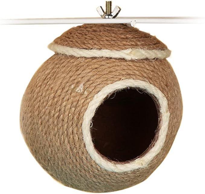 Sugar Glider House Climb Toys Natural Coconut Shell Hemp Rope Hut Hide Out Nest for Rat Hamster Squirrel Bird Parakeet,Cage Habitats Hammock (Screw Fixed)