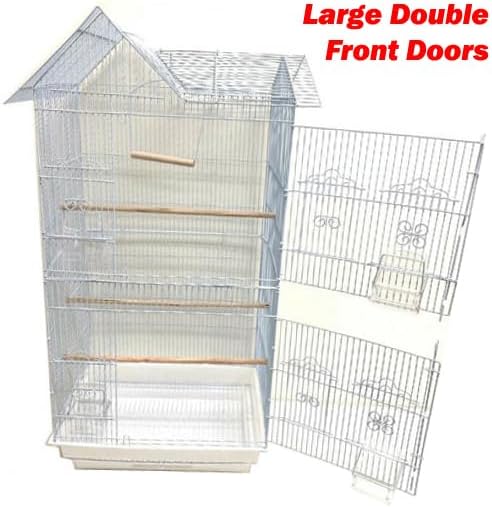 37-Inch Portable Hanging Medium Flight Bird Cage for Cockatiel Sun Quaker Parakeet Green Cheek Conure Parrotlet Finch Canary Budgie Lovebird Small Parrot Travel Bird Cage (White with Toy)