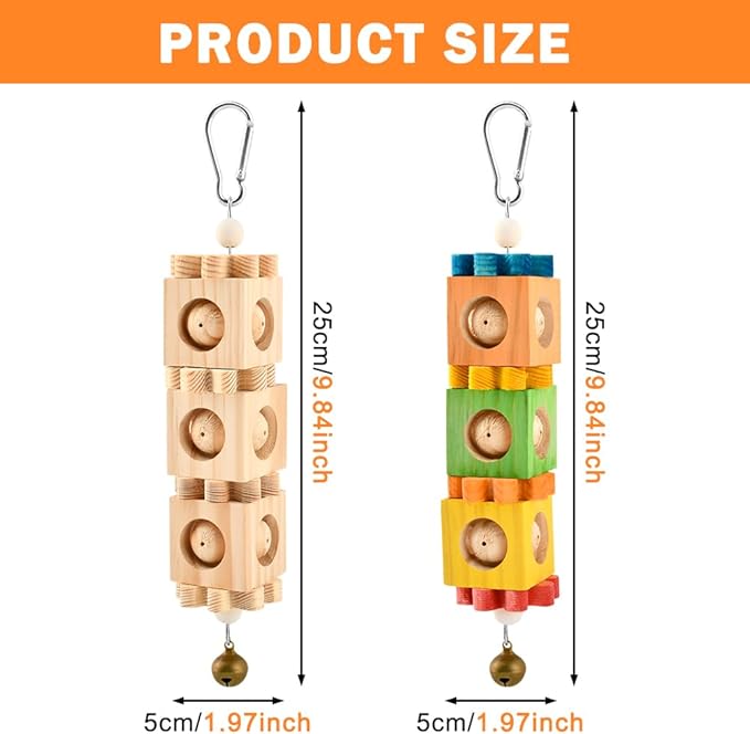 2Pcs Bird Chew Toys for Beak Grinding, Hanging Rotating Wood Block with Bell, Birds Cage Chewing Playing Training Toy for Cockatoos, Macaws, African Grey, Conures, Lovebirds(Wood)