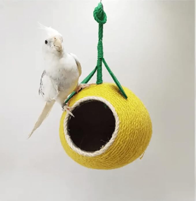 Nest for Birds Bird Nest House Natural Coconut Shell Simulation Birdhouse Grass Bird Hut Parakeet Nesting Box (Yellow)