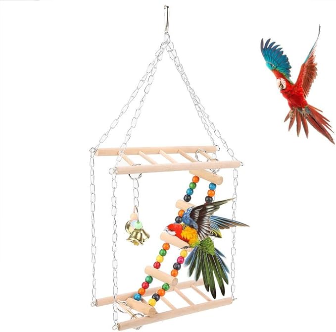 ZJchao Wooden Bird Ladder Toy for Parrots & Medium Birds – Hanging Climbing Bridge with Double-Layer Steps, Swing Design, Compatible with Most Standard Cages