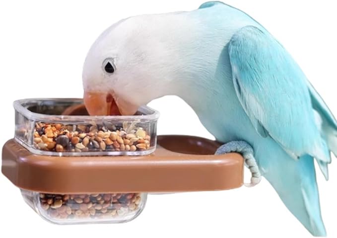 Bird Cage Feeder Portable Bird Plastic Feeding Dish Cup Detachable Bowl with Perch for Parakeet Budgies Cockatiel Lovebird Small Birds (Square,Coffee)