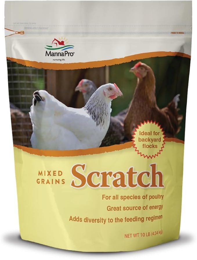 Manna Pro Ultimate Chicken Scratch Feed, Nutrient-Rich Scratch Grain Treat for Chickens and Poultry, Natural Multigrain Blend for Backyard Flocks and Laying Hens, Made in USA, 10 lb Bag
