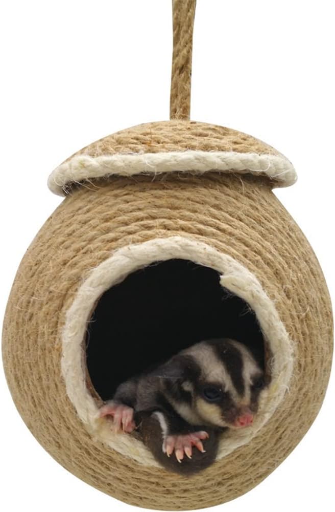 Sugar Glider House Natural Coconut Shell Hemp Rope Hut Hide Out Nest for Sugar Glider Hamster Squirrel Bird Parakeet,Cage Habitats Decor, Bird Cage Toy (Metal Hook)