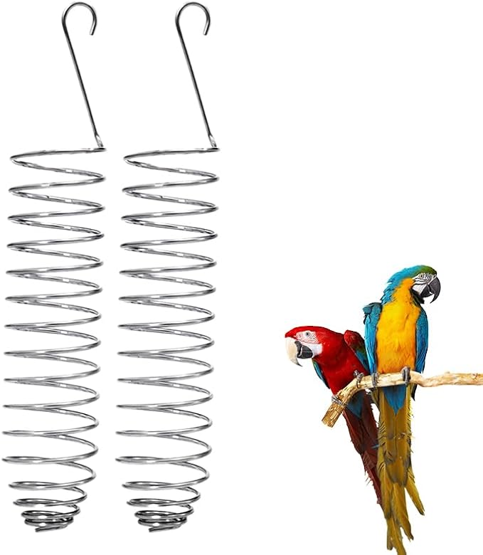 2 Pack Bird Treat Holder for Cage, Stainless Steel Spiral Bird Feeder for Parakeets, Hanging Millet Holder for Fruit, Vegetables and Bird Foraging Toy 6.3 Inch