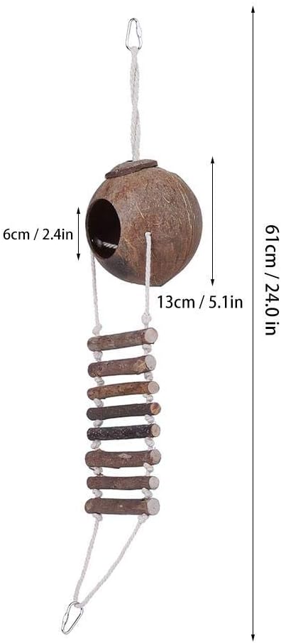 TOPINCN Coconut Shell Bird House with Rope Ladder, 24 Inch Height, Parrot Nesting Box for Climbing and Playing