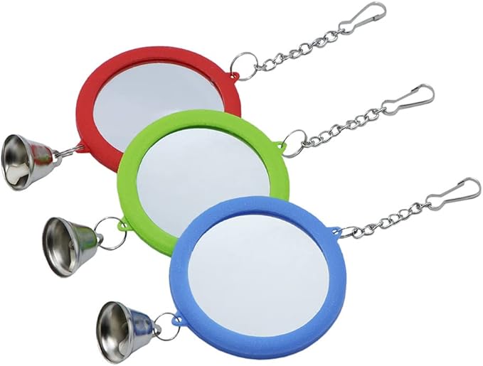 Litewoo Parrot Mirror Toys with Bells Hanging Pendant Random Color Bird Cage Mirror Swing Toy 2-Pieces （Two Round）