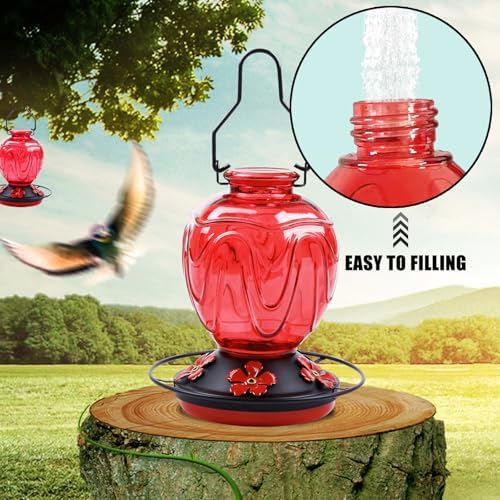 MCHBF Glass Humming Bird Feeders for Outdoor Hanging,Red 24oz and 25oz