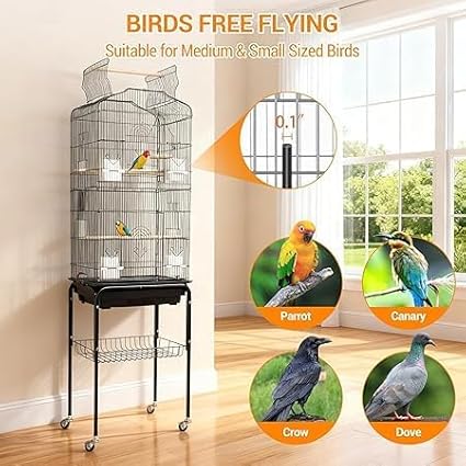 64 in Bird Cage, Parrot Cage, Parakeet Cage - Large Hanging Birdcage with Solid Iron Wrought Construction, Rolling Storage & Bird Stand, Flight Nest for Cockatiel, Budgie, Canary & Small Parrots