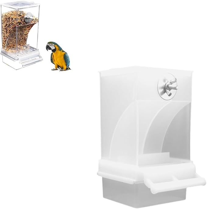 No Mess Bird Feeder for Cage,Automatic Parrot Feeder Cage Accessories,Transparent Parakeet Seed Container Food Feeder Drinker for Cage,No-Spill Transparent Bird Feeder (White)