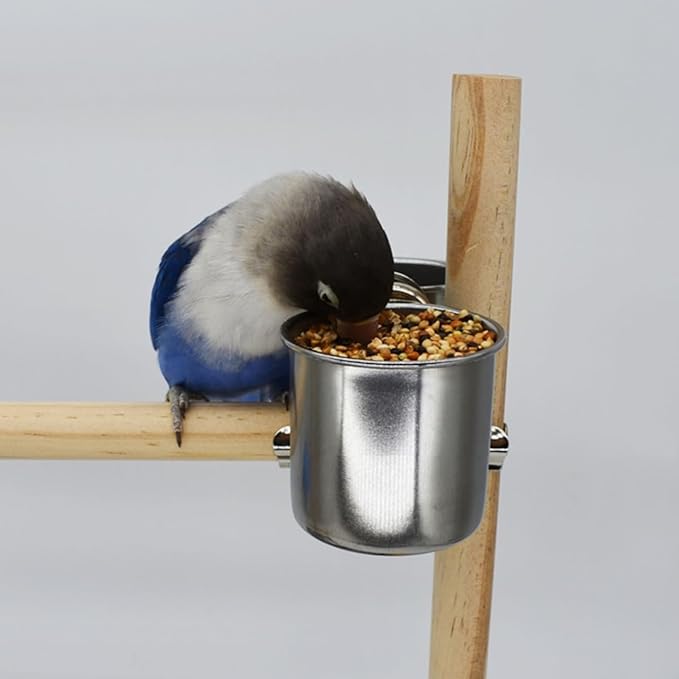 POPETPOP 2 Pcs Bird Parrot Feeding Double Cups with Clip - Stainless Steel Bird Bowls for Cage, Food Feeder Cups Hanging Bowl for Cage Stand Accessories