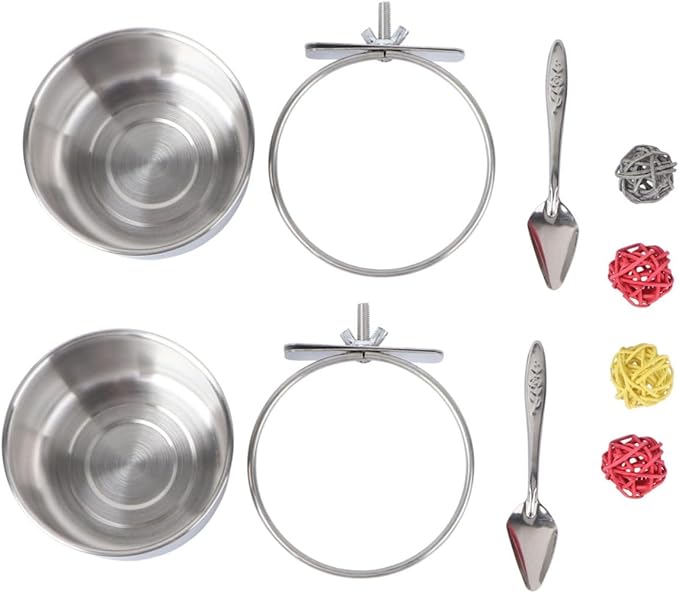 Mipcase 8Pcs Parrot Feeding Bowl and Scoop Set with Stainless Steel Bowls and Natural Willow Branch Bite Chinlon for Bird Cage Feeding and Foraging Activity
