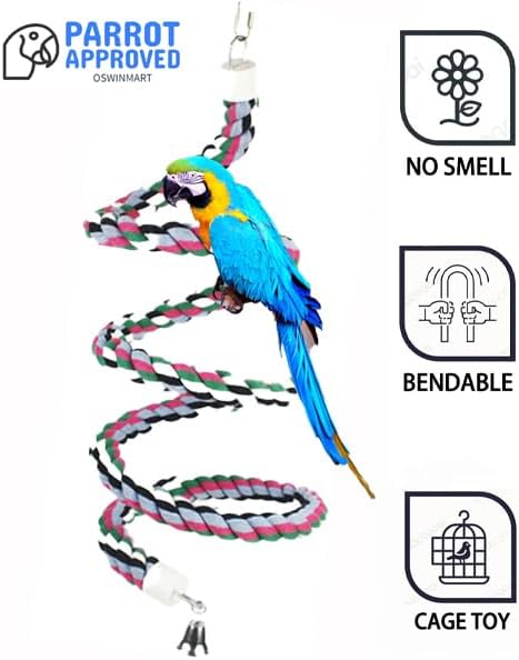 65 inch Length Colorful Cotton Bendable Rope Perch Swing Bird Chew Toys Amazon Parrots Cage Toys with Bell Swing Climbing Standing Bungee Bird Toys for Large to Regular Birds