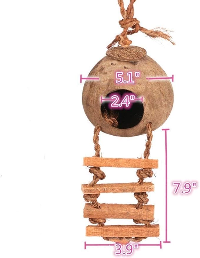 Hanging Bird House with Ladder Natural Coconut Fiber Shell Bird Nest Breeding for Parrot Parakeet Lovebird Finch Canary Coconut Hide Bird Swing Toys for Hamster Bird Cage Accessories Pet Bird Supplies