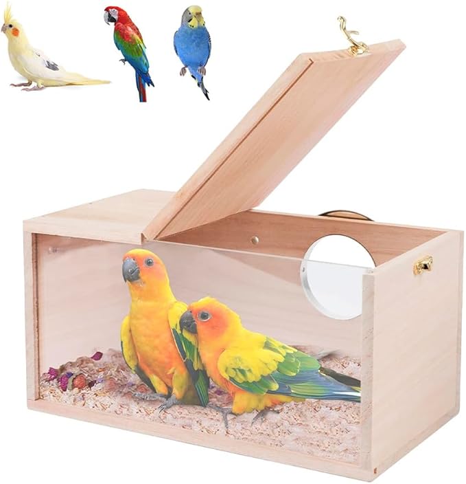Natural Wood Nesting Box for Parakeet Birds Transparent Design Breeding Box with Perch Wood Bird Cage House for Cockatiel Lovebirds Budgie Finch Parrotlets Canary (X-Large)