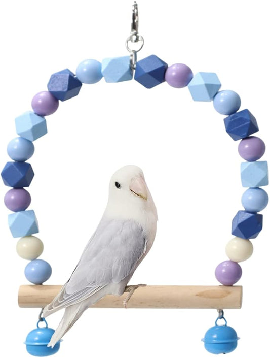 Wooden Bird Swing for Cockatiels Parrot Perch Hanging Toys Parakeets Birdcage Stands Cage Playground Play Gyms Accessories Colorful Bead Bell Climbing Toy for Lovebirds Conures Budgies (Dark Blue)