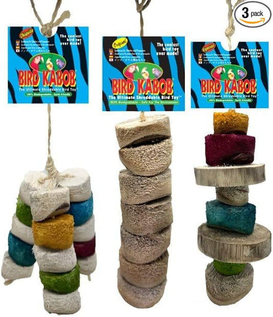 BIRD KABOB Fun Mix - 3 Pack - an All-Natural, Holistic, Veterinarian Recommended, Earth Friendly, shreddable Hanging Bird Toy Variety Pack of Chiquito, Original & Especial