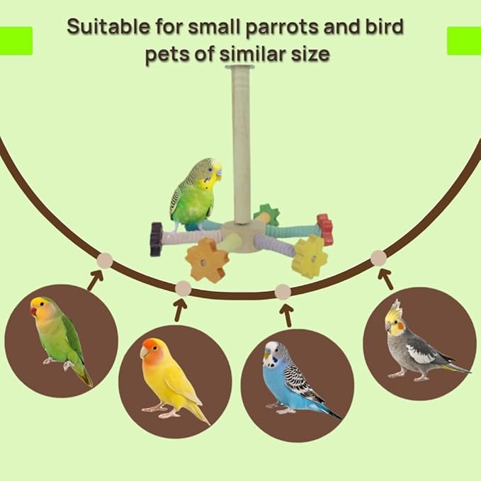 Flower Bird Stand Perch Toy, Interactive Spinning Parakeet Toys, Wooden Exercise Wheel Parrot Toy, Colorful Enrichment Cockatiel Toy for Birds Cage, Bird Cage Accessories Perch Toys for Budgies
