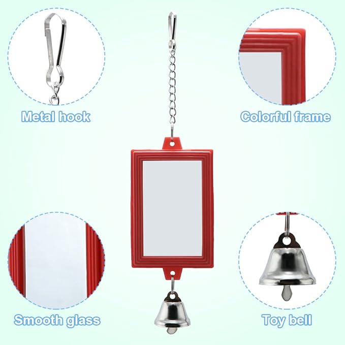 Litewoo 3-Piece Parrot Mirror Toys with Bell Pendant Toy for Bird Parakeet Cockatiel Budgie Conure（Square）
