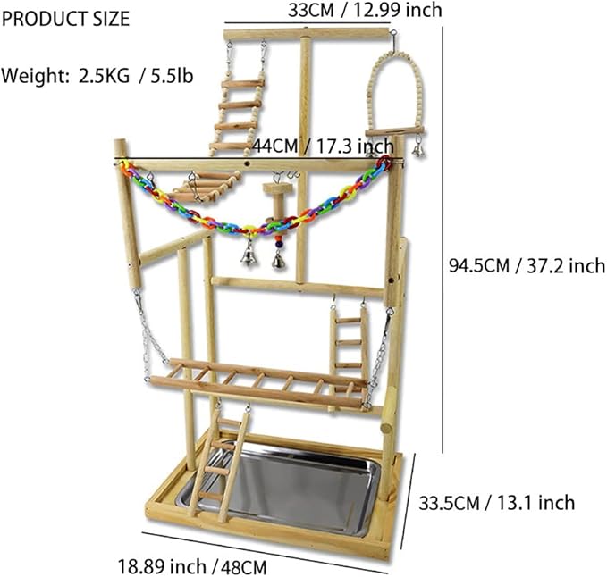 Bird Playground Parrot Playstand Natural Wood Bird Perches Stand, Bird Play Gym Playpen for Parakeet Cockatiel Bird Toys, Bird Cage Accessories, with Removable Tray and 4 Stainless Steel Cups