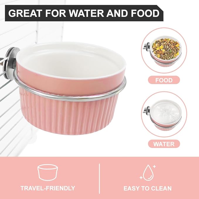 Bird Cage Feeder Parrot Food Cage Bowl Clamp Holder Coop Cup, Ceramic Bird Cage Water Bowl, Pet Feeder Cage for Parakeet African Greys Conure Cockatiels Lovebird Budgie Chinchilla-Pink