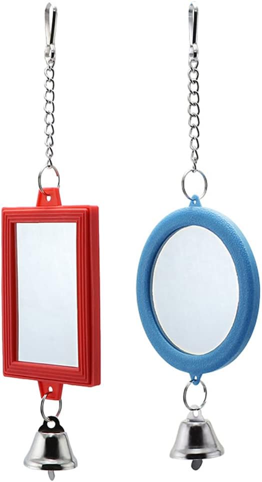Litewoo 2-Piece Parrot Mirror Toy Hanging with Bells Pendant Bird Cage Accessories for Bird Parrot Budgie Parakeet Cockatiel Conure Lovebird Finch Canary Random Color （ 1pc Square +1pc Circle） …