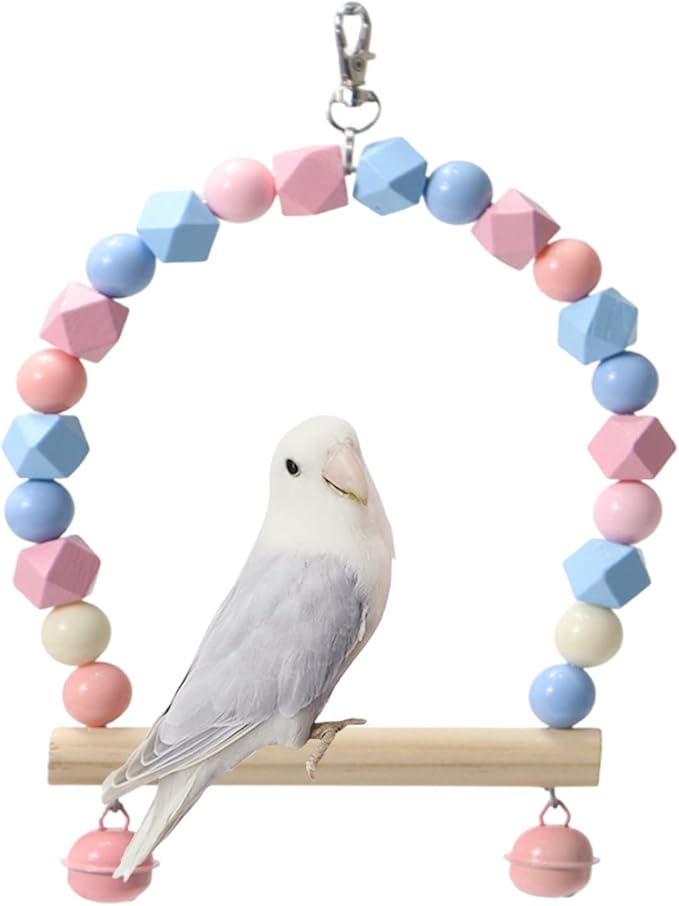 Wooden Bird Swing for Cockatiels Parrot Perch Hanging Toys Parakeets Birdcage Stands Cage Playground Play Gyms Accessories Colorful Bead Bell Climbing Toy for Lovebirds Conures Budgies (Blue-Pink)