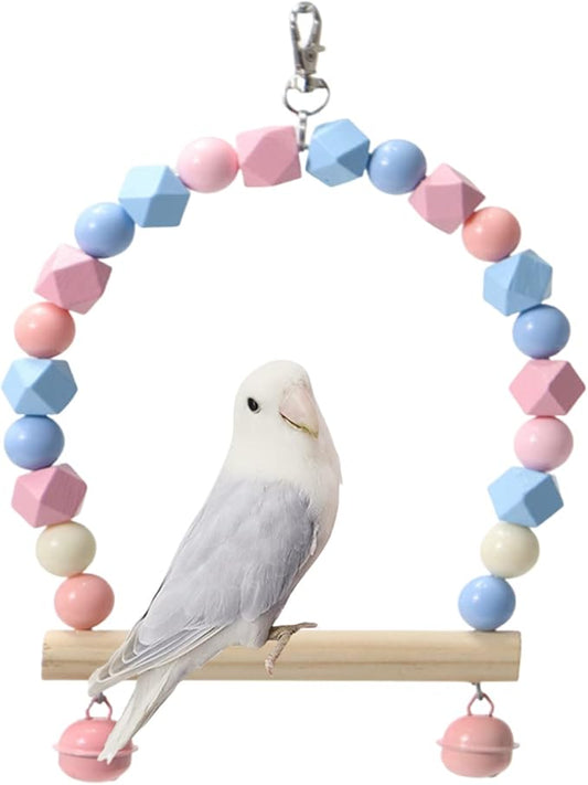 Wooden Bird Swing for Cockatiels Parrot Perch Hanging Toys Parakeets Birdcage Stands Cage Playground Play Gyms Accessories Colorful Bead Bell Climbing Toy for Lovebirds Conures Budgies (Blue-Pink)