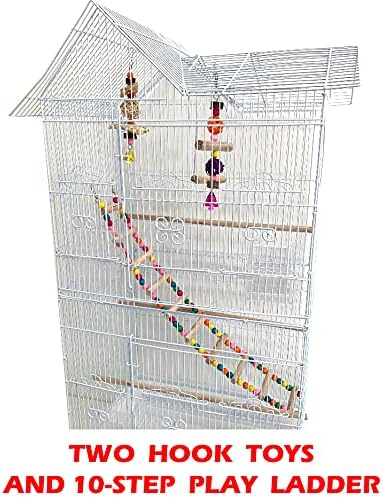 37-Inch Large Portable Double Roof Top Hanging Flight Breeding Bird Cage Play Toy Ladder For Small Parrot Cockatiel Sun Quaker Parakeet Green Cheek Conure Finch Canary Budgie Lovebird Travel Bird Cage