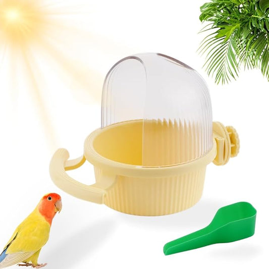 1 Pack Bird Cage Feeder No Mess Dispenser Cup with Perch for Parakeet Budgies Cockatiel Lovebird Small Birds (Yellow)