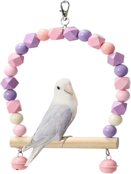 Wooden Bird Swing for Cockatiels Parrot Perch Hanging Toys Parakeets Birdcage Stands Cage Playground Play Gyms Accessories Colorful Bead Bell Climbing Toy for Lovebirds Conures Budgies (Purple-Pink)