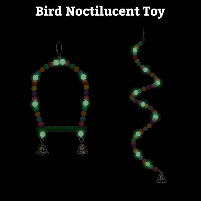 2PCs Swing Parrot Toy Spiral Perch Bird Cage Toy Colorful Wood and Glow Beads with Metal Bell for Small to Regular Parrot Parakeets,Macaw,Conure, Cockatiel, Finchess