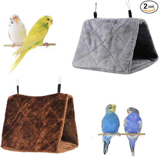 2 Pack Warm Bird Nest House Plush Birds Hut Bed Hanging Hammock Sleeping Bed Plush Hanging Snuggle Cave for Pet Parrot Parakeet Cockatiel Conure Cockatoo African Grey Macaw (Brown&Grey)