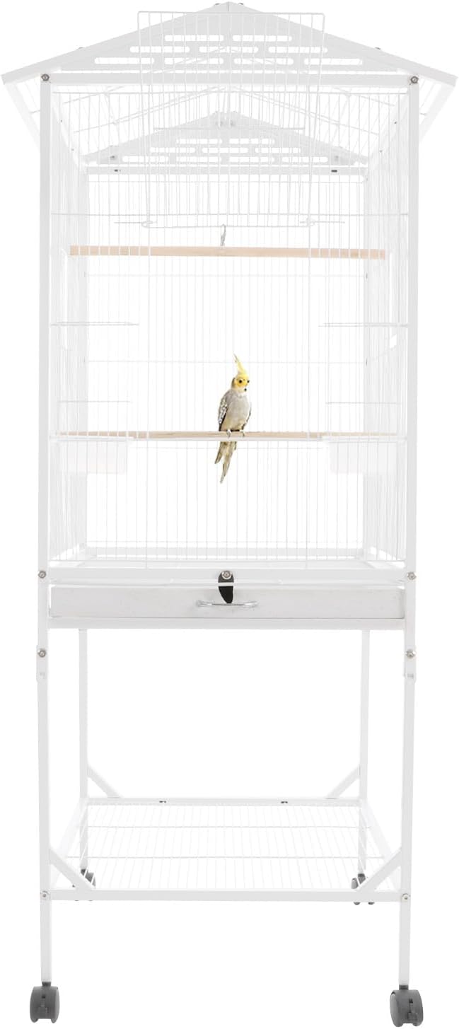 Extra Large Bird Cage 54Inch Wrought Iron Bird Cage with Rolling Stand Metal Parrot Cage with Open Play Top Perch Stand for Conures Lovebirds Cockatiels Finches (White)
