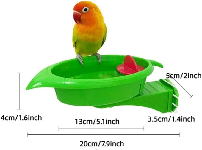 2PCS Multi-Function Bird Bath & Feeder Set, Cute Leaf Shape Bathing Tub with Wheel Toy, Bird Feeder with Flower Shape Mirror & Ringing Bell for Canary Finch Budgie Lovebird Conure
