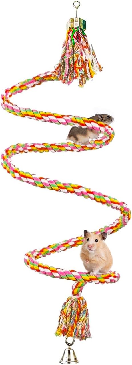 SunGrow Rope Perch for Parrots, 59” Long, Bungee Bird Toy, Brightly Colored Handmade Chew Toy, Spiral Design with Jingling Bell