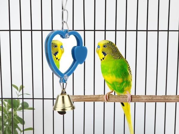 Hypeety Pet Bird Mirror with Bell Interactive Treat Puzzle Parrot Toy Bird Cage Mirror Small Bird Swing Chew Toys Fun Cage Accessories (Color Random) (Heart Shape)