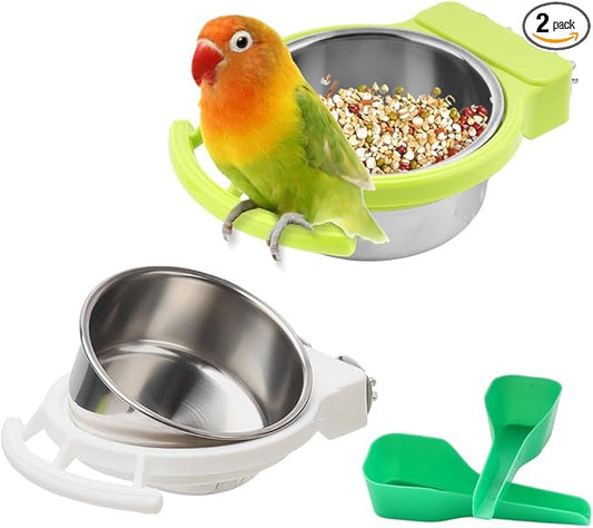 2 Pack Bird Detachable Bowl Stainless Steel Feeder Feeding Dish Water Cup Perch Stand with 2 Pcs Spoon for Bird Parrot Canary Finch Parakeet Budgie Cockatiel Lovebird