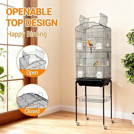 64 in Bird Cage, Parrot Cage, Parakeet Cage - Large Hanging Birdcage with Solid Iron Wrought Construction, Rolling Storage & Bird Stand, Flight Nest for Cockatiel, Budgie, Canary & Small Parrots