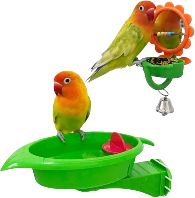2PCS Multi-Function Bird Bath & Feeder Set, Cute Leaf Shape Bathing Tub with Wheel Toy, Bird Feeder with Flower Shape Mirror & Ringing Bell for Canary Finch Budgie Lovebird Conure