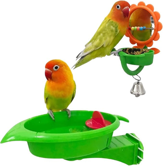 2PCS Multi-Function Bird Bath & Feeder Set, Cute Leaf Shape Bathing Tub with Wheel Toy, Bird Feeder with Flower Shape Mirror & Ringing Bell for Canary Finch Budgie Lovebird Conure