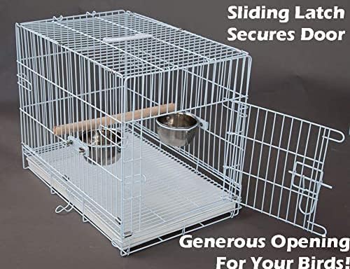 Durable Easy Portable Metal Travel or Veterinary Collapsable Parrot Bird Carrier Bite-Proof Cage with Stainless Steel Feeder Bowls Natural Wooden Perch Stand