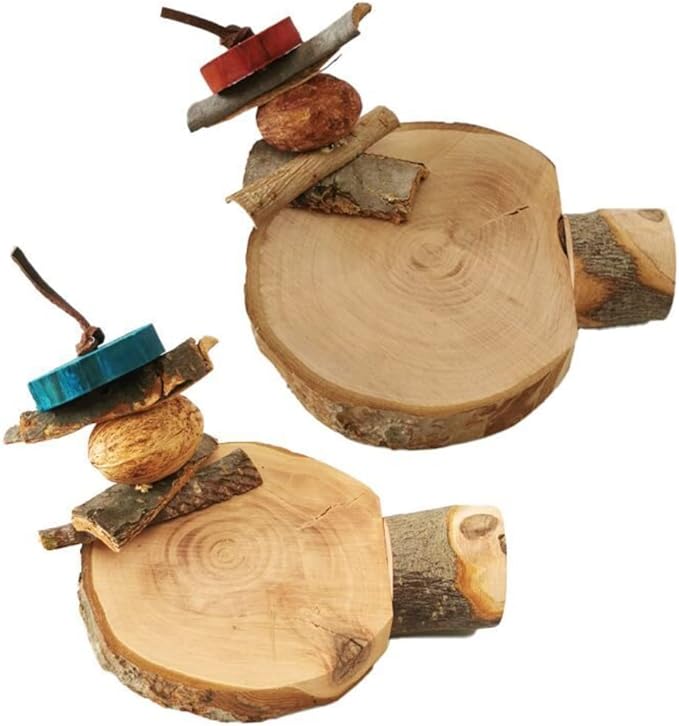 2PCS Natural Wood Perch Stand with Chewing Toy for Small Medium Pet Bird Parrot Budgie Parakeet Cockatiel Conure Lovebird Finch Canary Hamster Gerbil Rat Chinchilla Squirrel Cage Platform (Large)