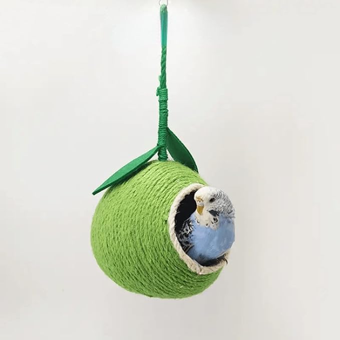 Nest for Birds Bird Nest House Natural Coconut Shell Simulation Birdhouse Grass Bird Hut Parakeet Nesting Box (Green)