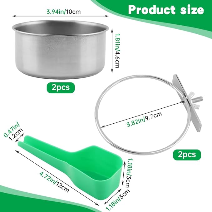2Pcs Stainless Steel Bird Feeding Bowls with Feeding Spoon,Parrot Food Bowl Cage with Clamp Holder, Parrot Cage Water Feeder,for Cockatiel Parrot Macaw Small Animal Chinchilla