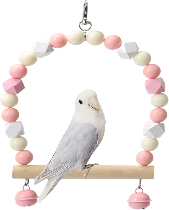 Wooden Bird Swing for Cockatiels Parrot Perch Hanging Toys Parakeets Birdcage Stands Cage Playground Play Gyms Accessories Colorful Bead Bell Climbing Toy for Lovebirds Conures Budgies (Pink-B)