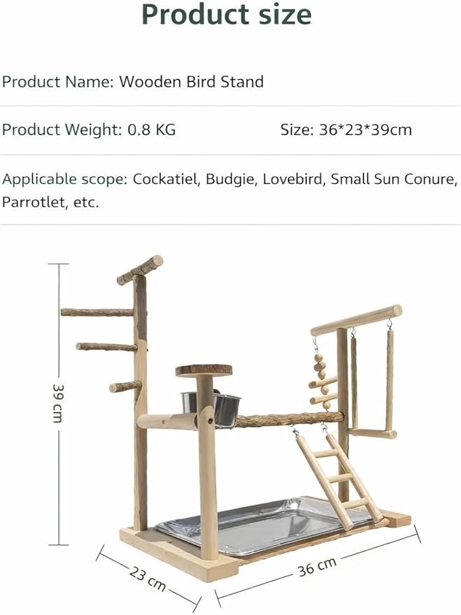 Wooden Parrot Playground Stand, Bird Play Gym for Small Medium Large Parrots, Natural Wood Bird Perch Stand for Parakeet Cockatiel Conure African Grey Macaw, Stable Easy-to-Clean Play Area