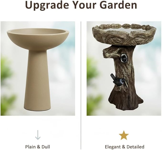 SunJet 23 Inch High Wood-Look Concrete Bird Bath with Decorative Faux Bird – Birdbath Rustic & Long-Lasting Design, Enhances Garden, Patio, Yard, Lawn Decor