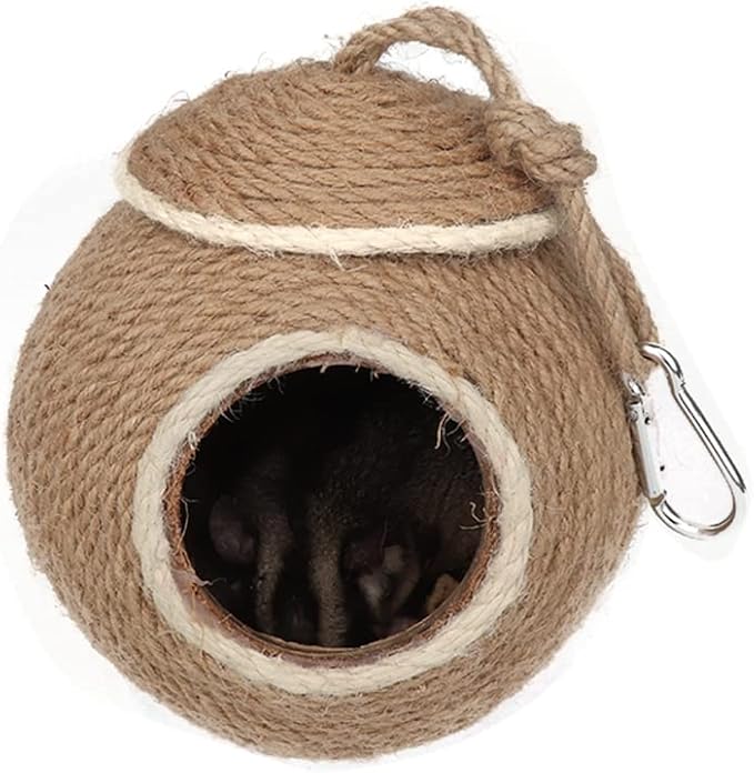 Sugar Glider House Climb Toys Natural Coconut Shell Hemp Rope Hut Hide Out Nest for Rat Hamster Squirrel Bird Parakeet,Cage Habitats Hammock (Metal Hook)