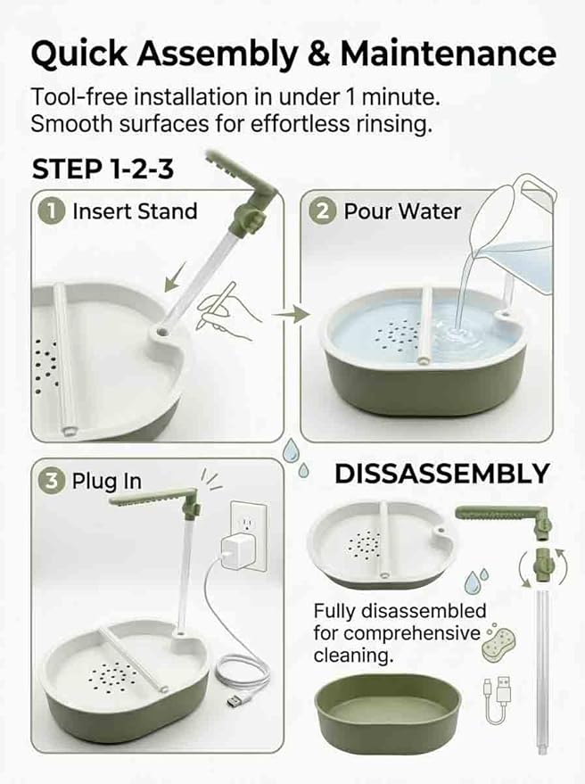 Automatic Parakeet Bird Bath with Pump,Adjustable Water Flow & Parrot Shower,USB Powered Bird Fountain Bathtub for Cage,Quiet Circulating Water System for Budgie,Lovebird (Green L)